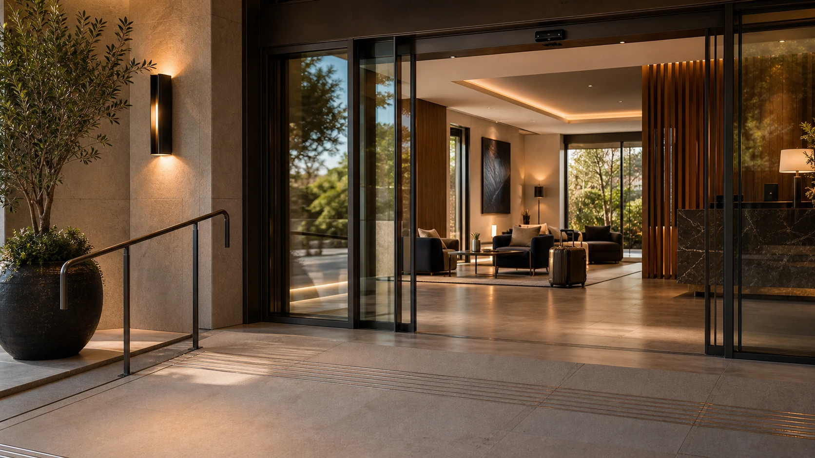 Wide stone archway opening onto a sunlit Mediterranean terrace at golden hour