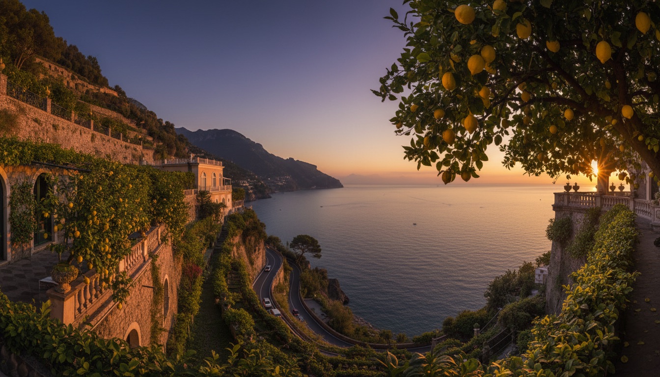 A lemon grove terrace above the Amalfi coastline at golden hour
