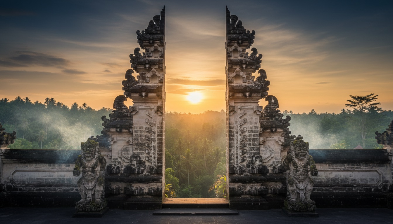 A Balinese split gate framing a golden sunset over the jungle