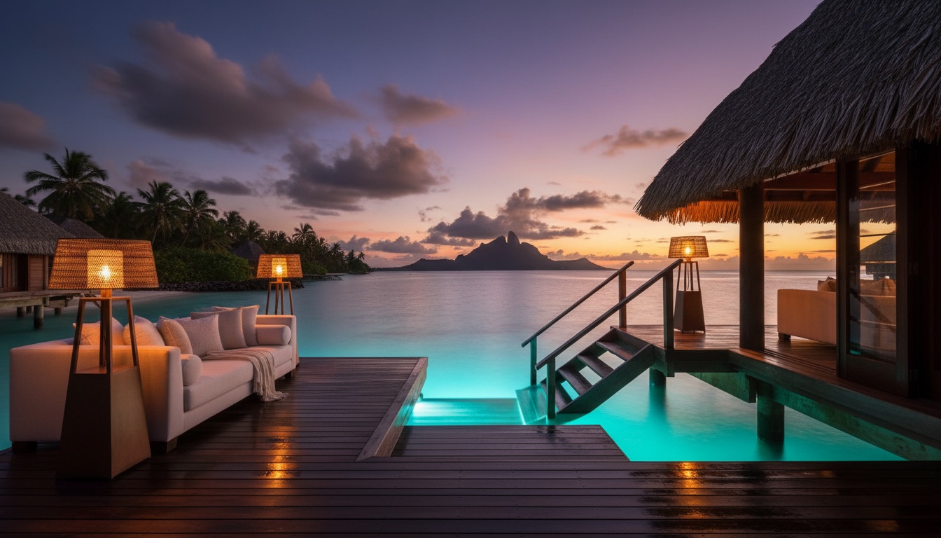 A thatched overwater bungalow deck at dusk with steps into glowing turquoise water