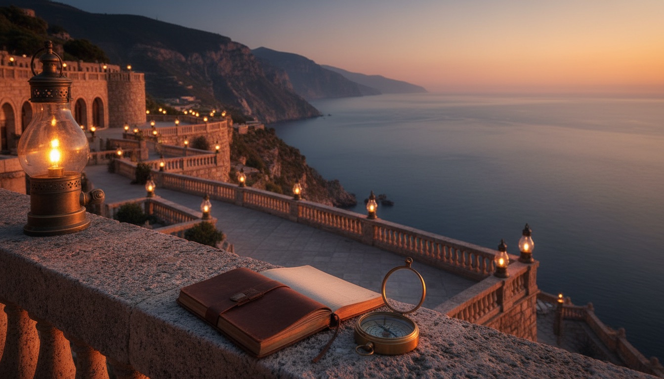 A luxury resort terrace at golden hour with a travel journal and compass overlooking the coast