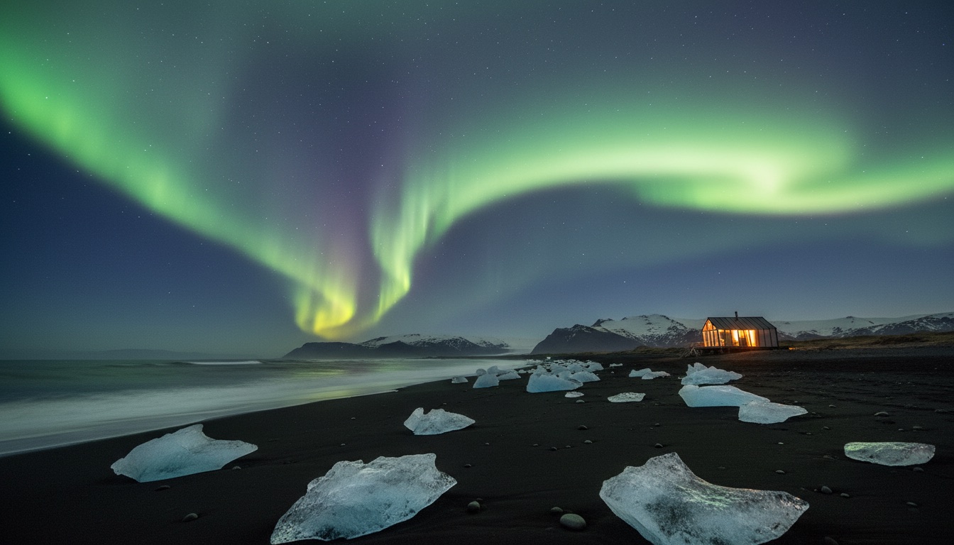 Northern lights over a black-sand beach with a warm-lit glass lodge
