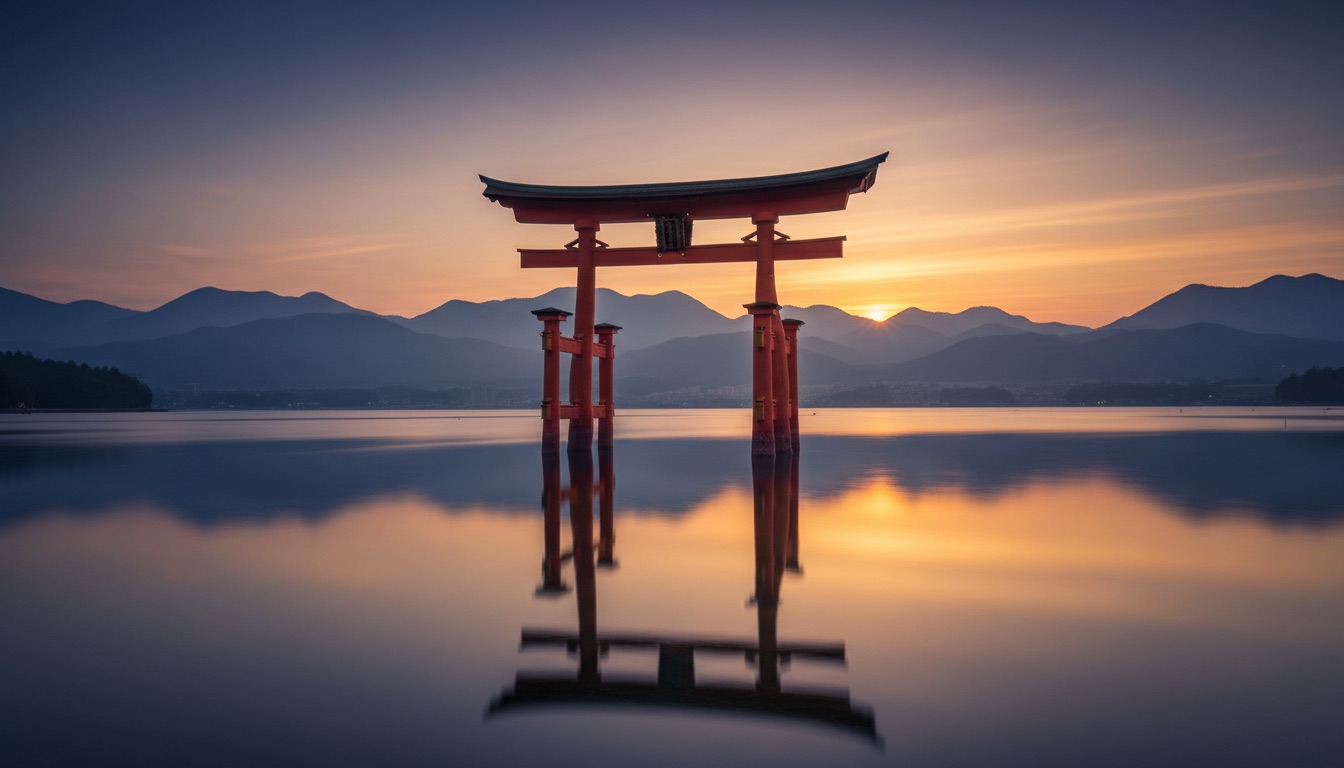 A vermilion torii gate in calm water at golden hour with misty mountains behind