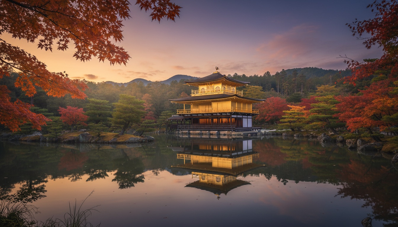 A golden pavilion reflected in a still pond at dusk with autumn trees