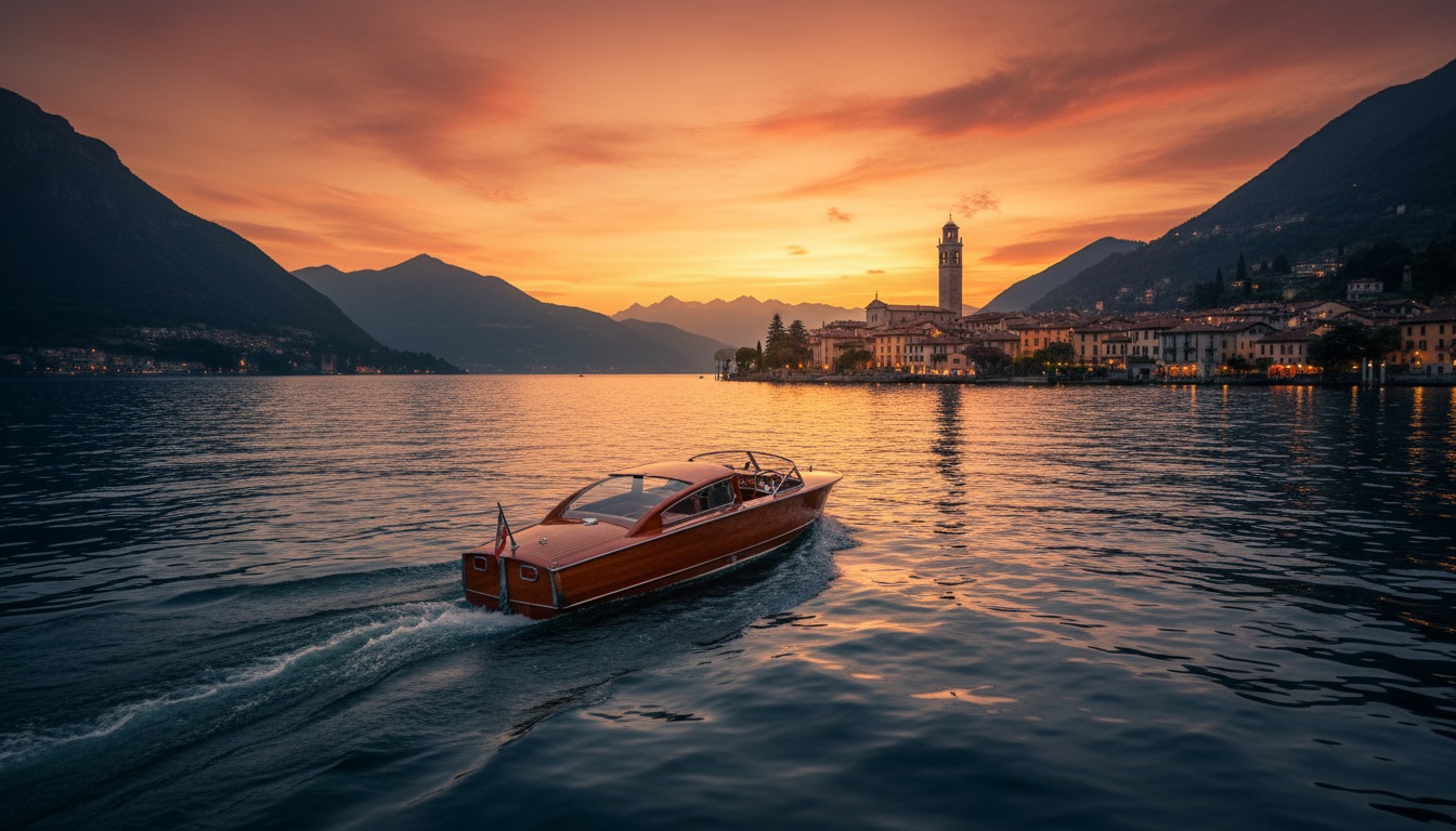A wooden boat crossing Lake Como at golden hour toward a bell-tower village