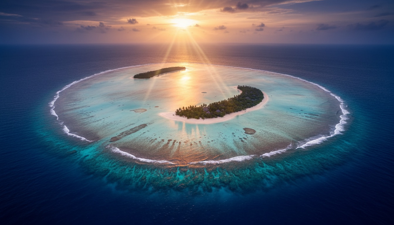 Aerial view of a Maldivian atoll ring of turquoise reef in late golden light