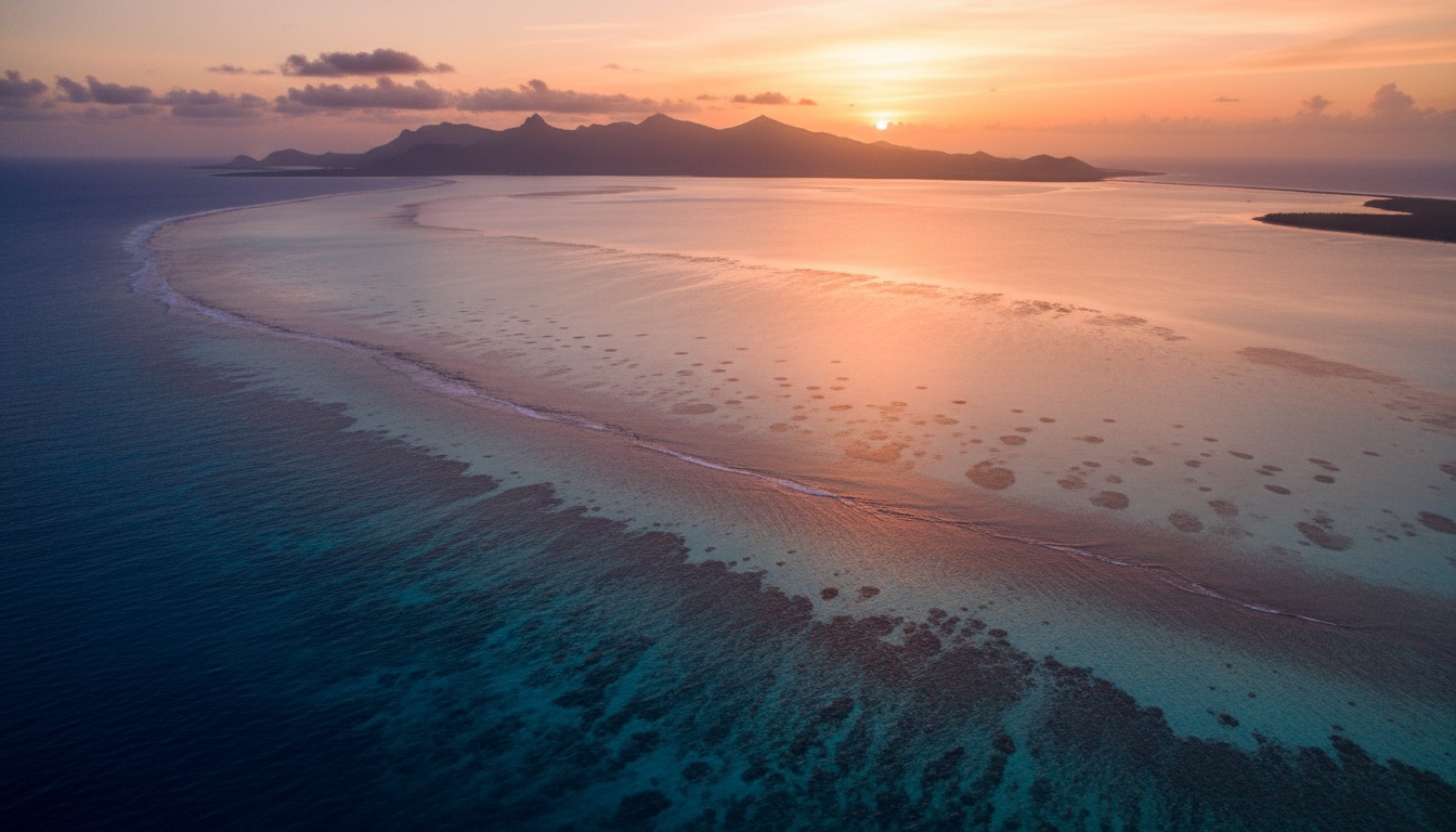 The Mauritius lagoon where deep ocean blue meets turquoise reef at golden hour