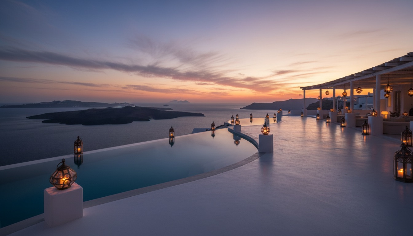 A white infinity-edge terrace on the Santorini caldera at dusk