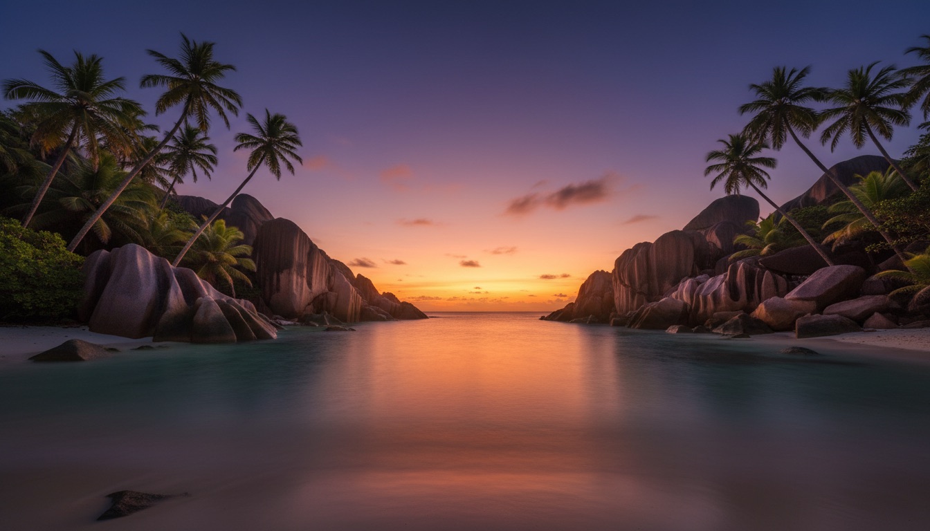 A secluded cove at dusk framed by granite rocks and palms