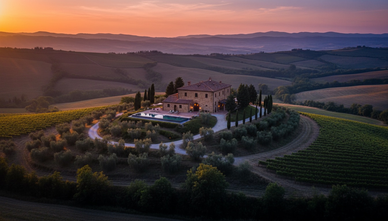 A hilltop farmhouse among vineyards and olive groves in warm evening light