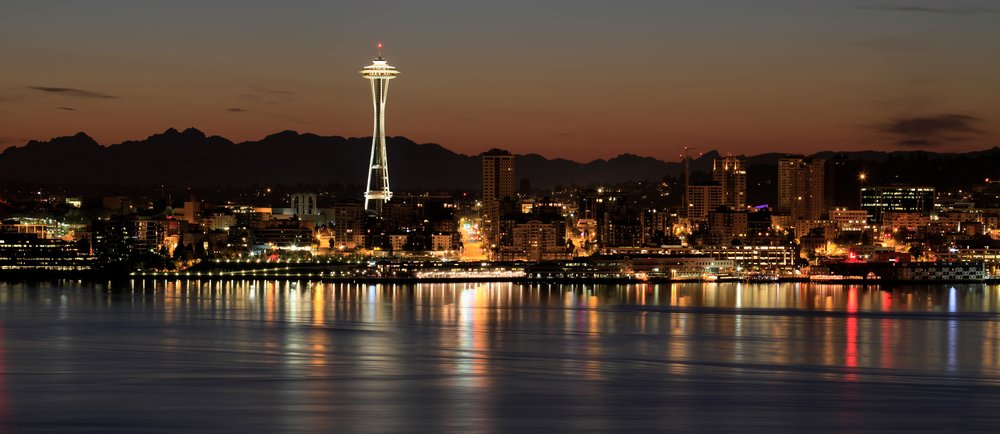 Seattle Skyline at Night by the Pier Panorama