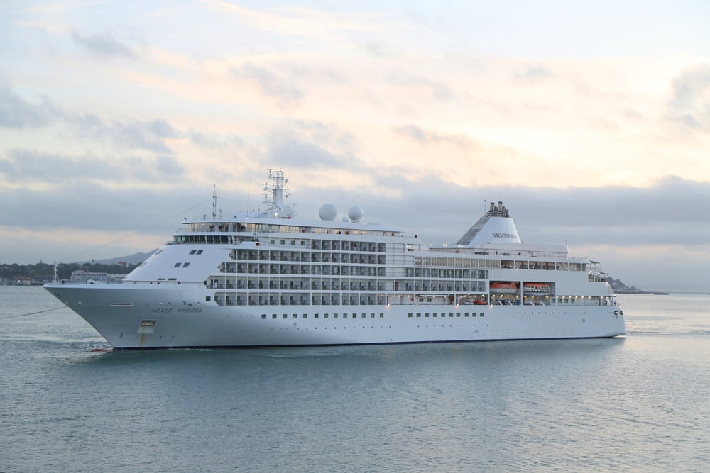 AUCKLAND, NEW ZEALAND JANUARY 29, 2019 Silversea's Silver Whisper Cruise Ship in Auckland Harbor. Silver Whisper takes a Grand Voyage around the world during 2019 World Cruise 