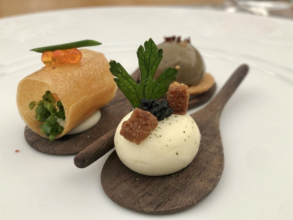 Creative amouse bouche, bite sized, served at michelin star restaurant