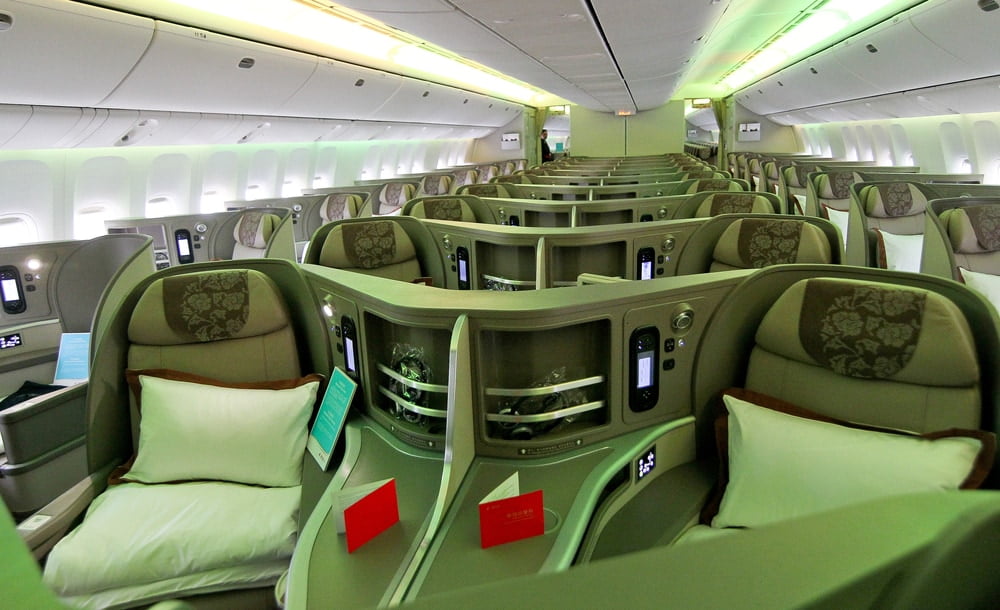 View of a business-class cabin of a Boeing 777-300ER jet plane of China Eastern Airlines at an airport in Shanghai, China