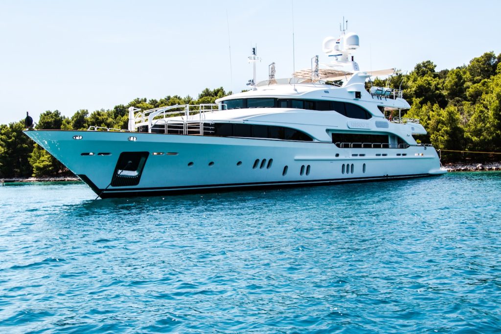 white and black Luxury Yacht Charter on body of water surrounded with tall and green trees