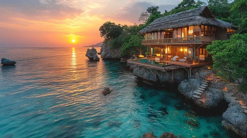 A luxurious overwater villa, one of the premier luxury vacation spots, sits on rocky cliffs by the ocean at sunset, surrounded by lush greenery. The villa features thatched roofs, spacious balconies, and an infinity pool overlooking the tranquil, crystal-clear water as the sun sets on the horizon.