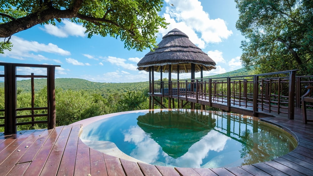 South Africa Kwazulu natal, a luxury safari lodge in the bush of a Game reserve Savanah