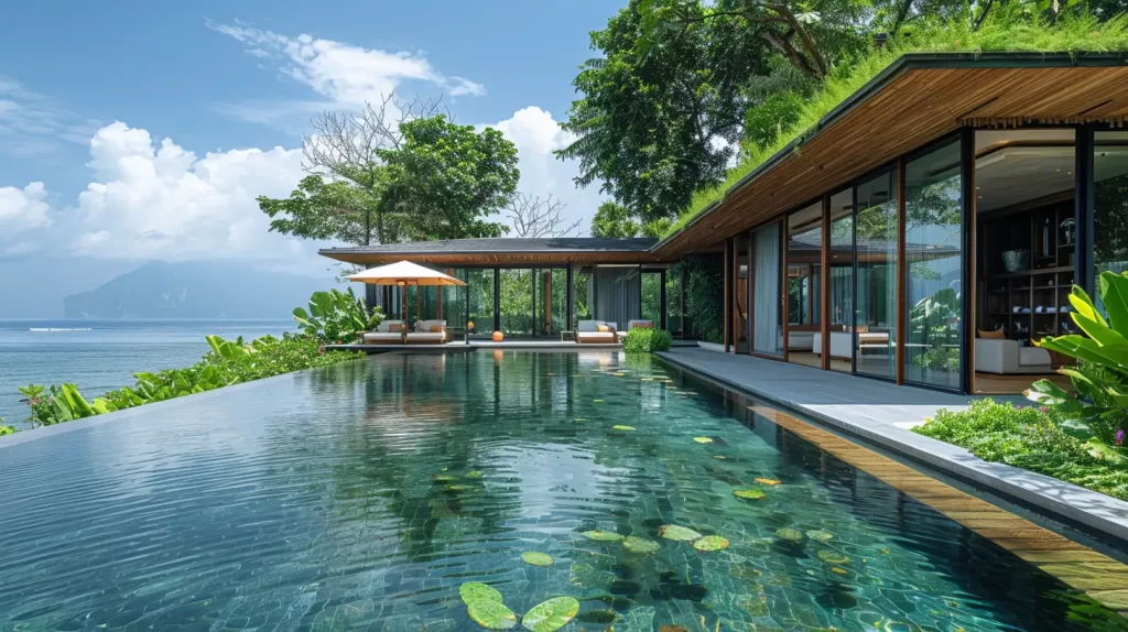 A serene luxury villa with a modern design, featuring a glass-walled living space surrounded by lush greenery. The property, ideal for luxury vacation spots, has an infinity pool with lily pads and overlooks a calm ocean with a mountainous backdrop under a bright blue sky.
