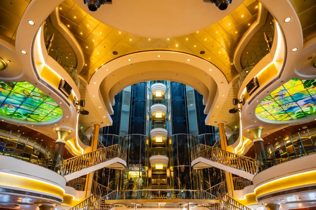 The lobby of a luxurious Caribbean cruise ship.