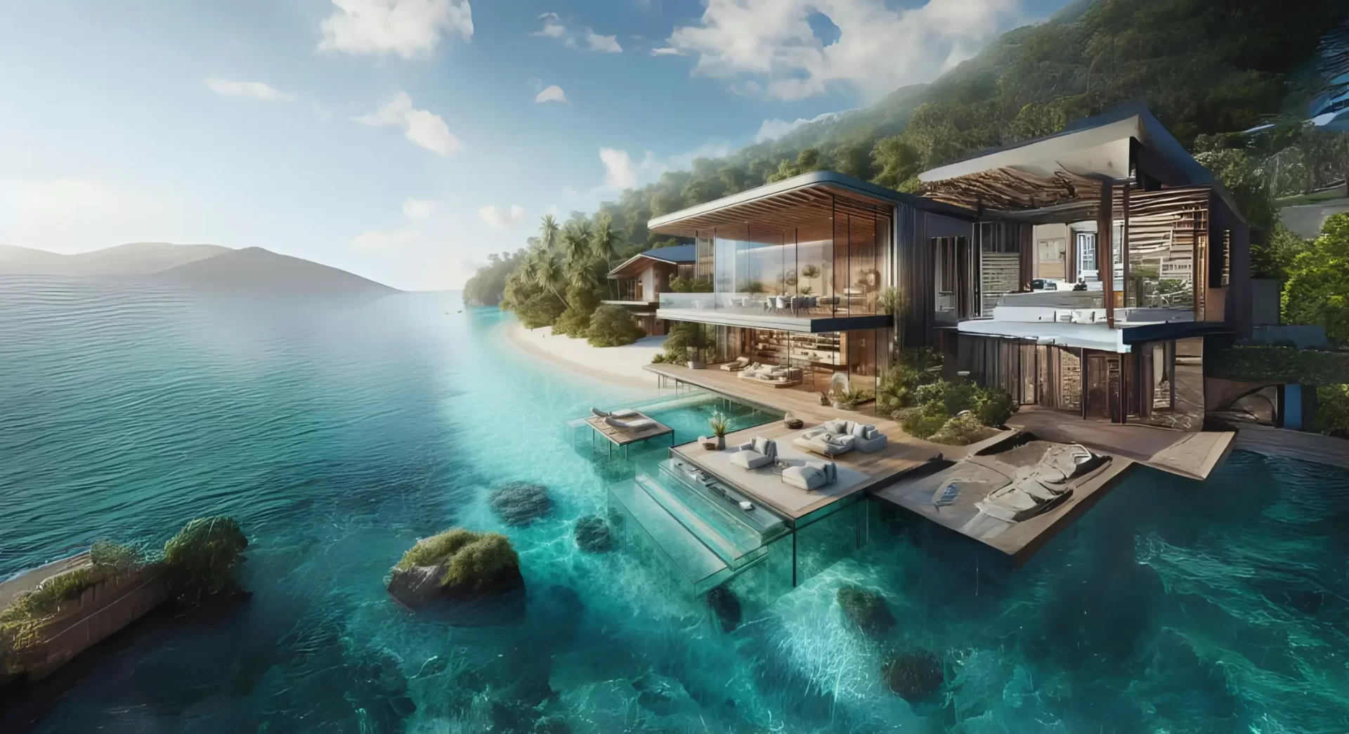 A luxurious house on a secluded island in the mesmerizing ocean.