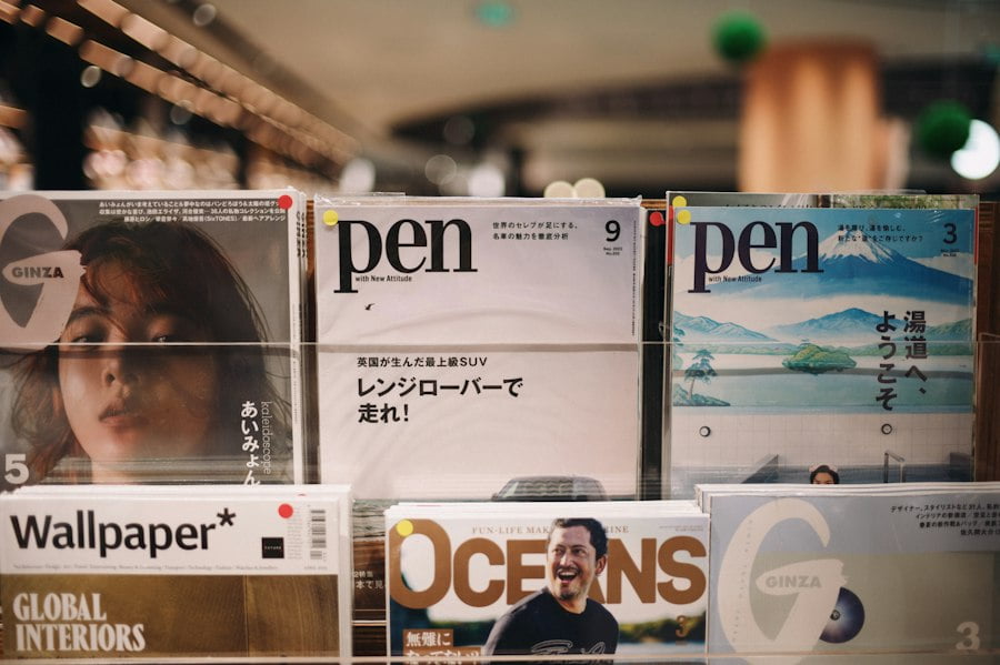 A group of magazines are on display in a store.