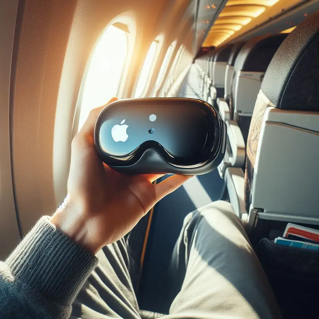 A person holding an Apple Vision Pro headset in an airplane.
