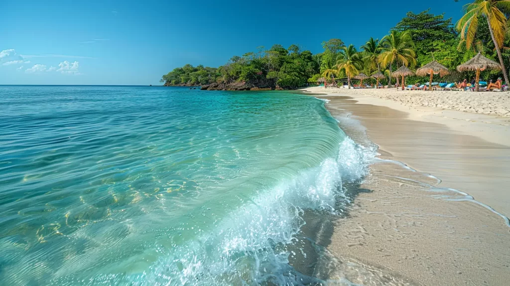 Tropical paradise: Central America's exclusive beaches and crystal-clear waters gently kiss a pristine white sandy beach lined with lush palm trees under a bright blue sky.
