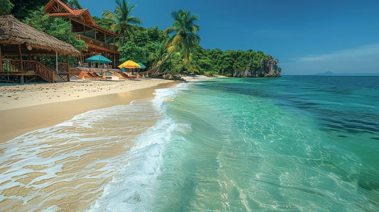 Tropical beach paradise in Central America with crystal clear water, golden sand, lush green palm trees, and inviting bungalows under the bright blue sky.