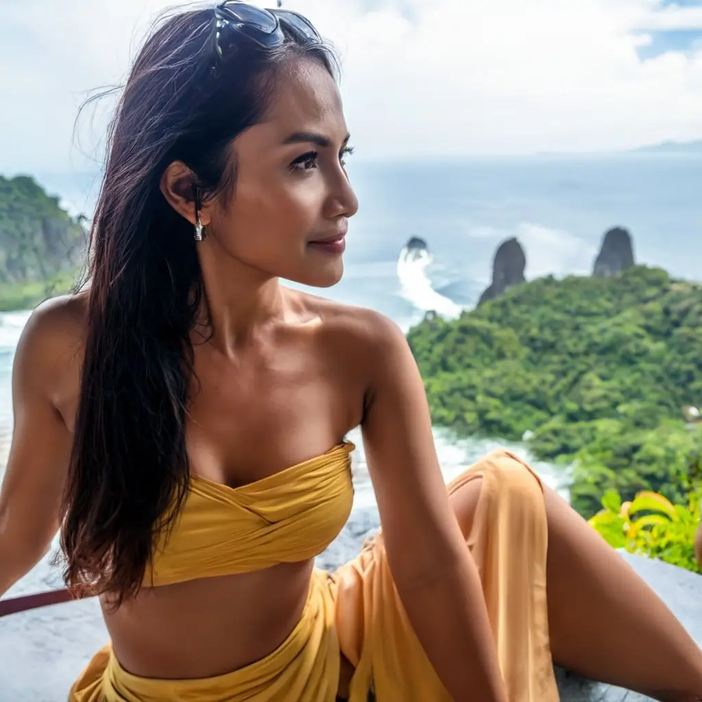 Woman sitting with a scenic coastal view of luxury destinations in the background.