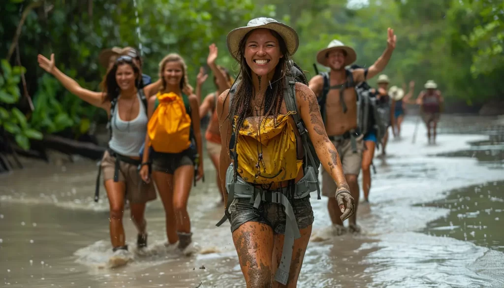 Group of happy trekkers with backpacks wading through a shallow river in a tropical forest in Central America, enjoying the personalized adventure.