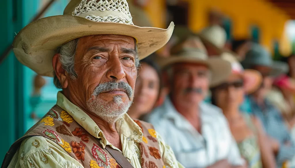 A seasoned man with a weathered face stands out in sharp focus, wearing a traditional embroidered shirt and a straw cowboy hat, as he stands before a colorful backdrop where others, similarly attired, blur