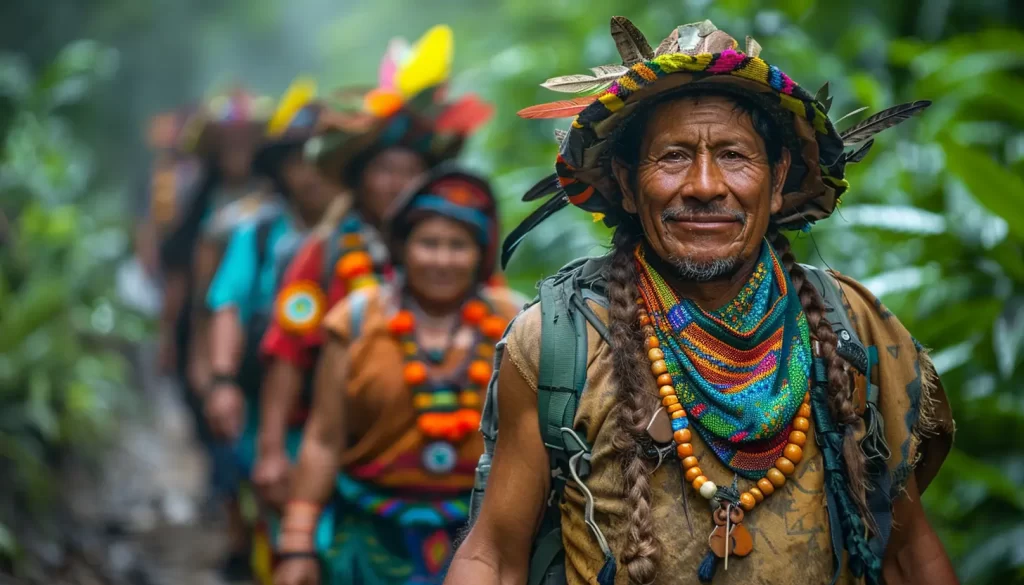A group of indigenous people from Central America dressed in traditional attire walking in a lush green forest, with vibrant feathered headgear and colorful necklaces, showcasing their rich cultural heritage through personalized tours.