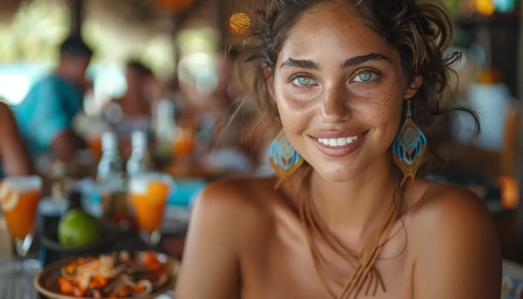 A young woman with freckles and a joyful smile sitting at a table on her personalized tour of Central America, adorned with turquoise earrings that complement her summer look, with refreshing drinks and appetizing food