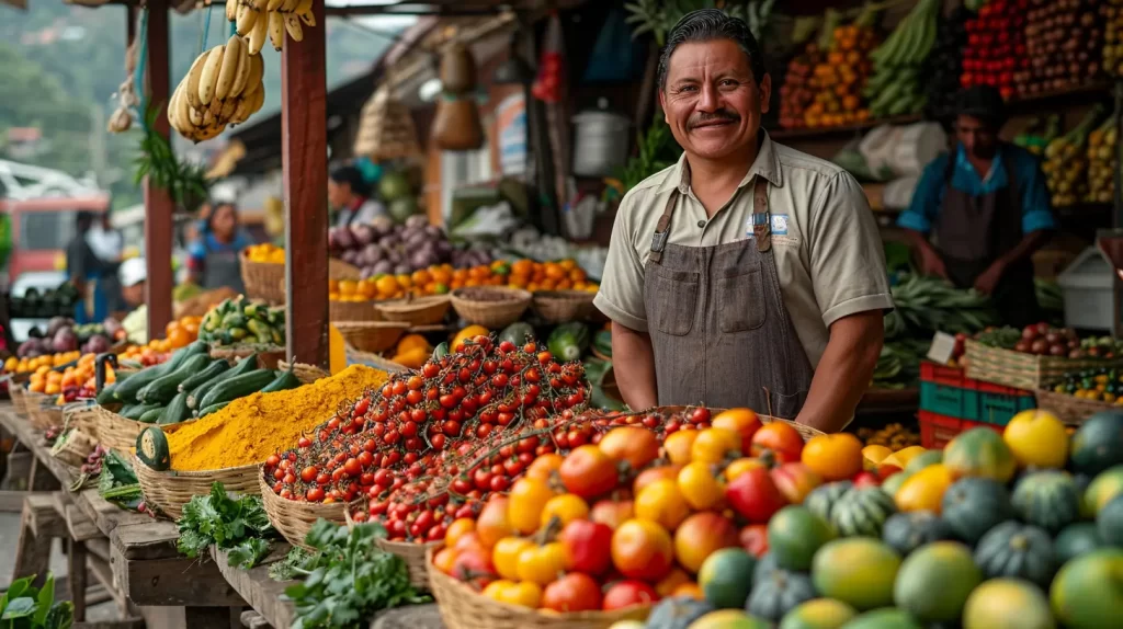 A smiling vendor stands behind a colorful fruit and vegetable stall, with a variety of produce displayed in neat rows, including tomatoes, bananas, and spices.