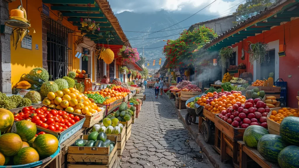 Vibrant street market scene with stalls laden with fresh fruits and vegetables, flanked by colorful buildings and cobblestone paths, under a clear sky with mountains in the background.