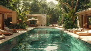 A luxurious outdoor pool surrounded by lush tropical foliage, elegant sun loungers, modern architecture, and ambient lighting, creating a serene and inviting atmosphere.