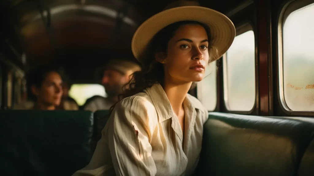 A woman in a straw hat and beige shirt sits pensively riding on Luxury Train Journeys in Central America, through a window, with passengers in the background, bathed in warm, natural light.