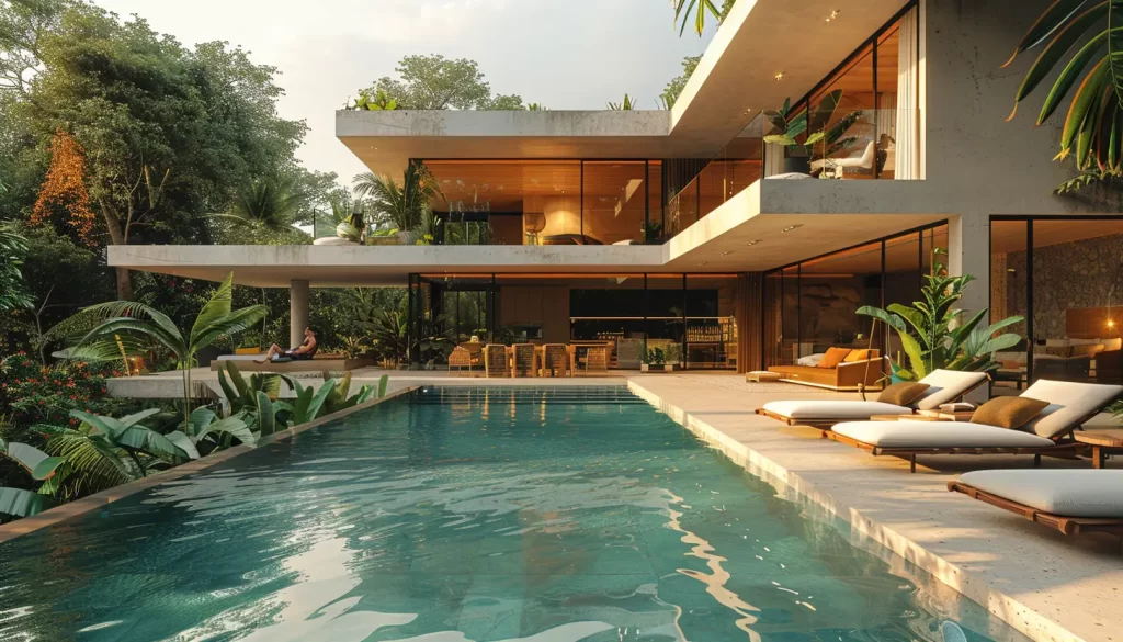 Modern two-story house with expansive glass walls, overlooking a swimming pool surrounded by lush greenery and loungers, with a person sitting near the edge.