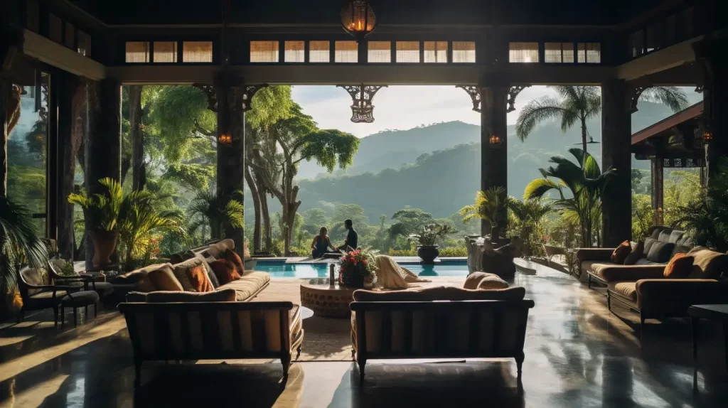 Luxurious open-air living room overlooking a serene infinity pool with a lush mountainous backdrop, featuring elegant seating and ambient lighting. two people converse by the poolside in a tranquil setting.