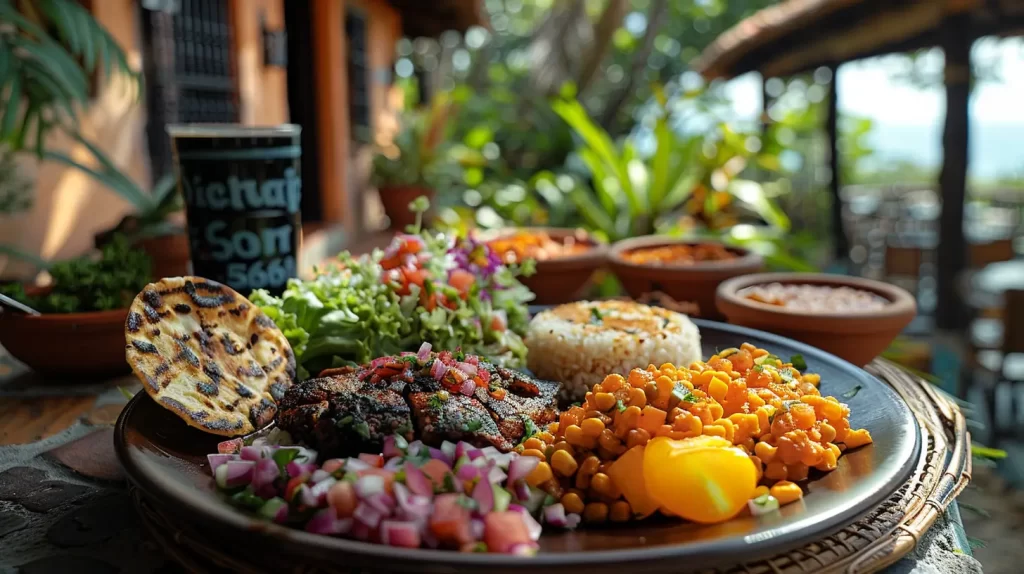 A vibrant plate of mexican food featuring grilled meat, rice, beans, salad, and a grilled tortilla, served on a rustic wooden table with a scenic backdrop.