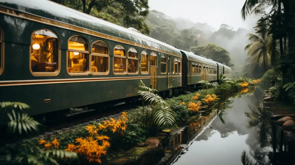 A vintage luxury train with lit windows travels through a misty, lush tropical forest in Central America, reflected in a calm stream bordered by vibrant foliage.