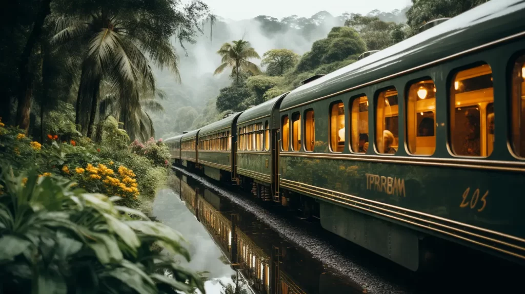 A scenic train journey through a lush, misty tropical forest with vibrant green foliage, showcasing passengers inside the illuminated train carriages.