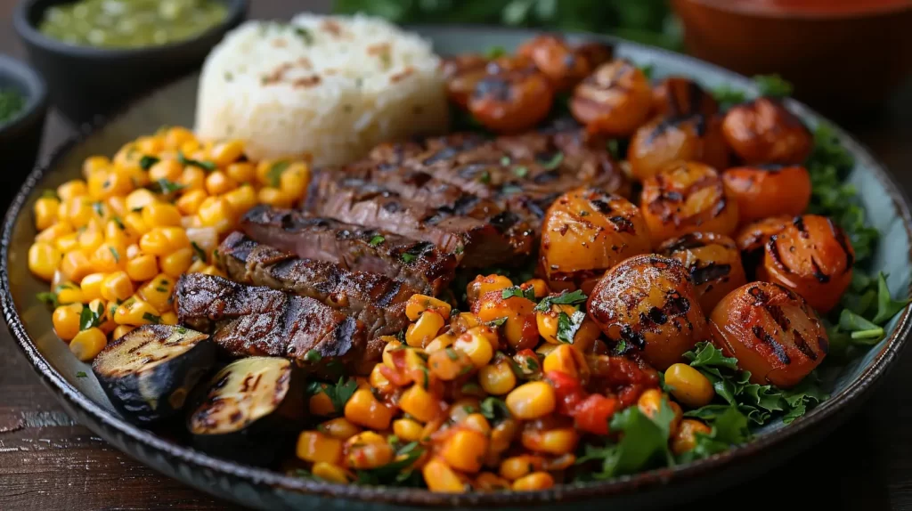 A vibrant plate of Central American cuisine featuring grilled steak slices, charred tomatoes and corn, grilled eggplant, and a side of rice, arranged on a bed of greens.