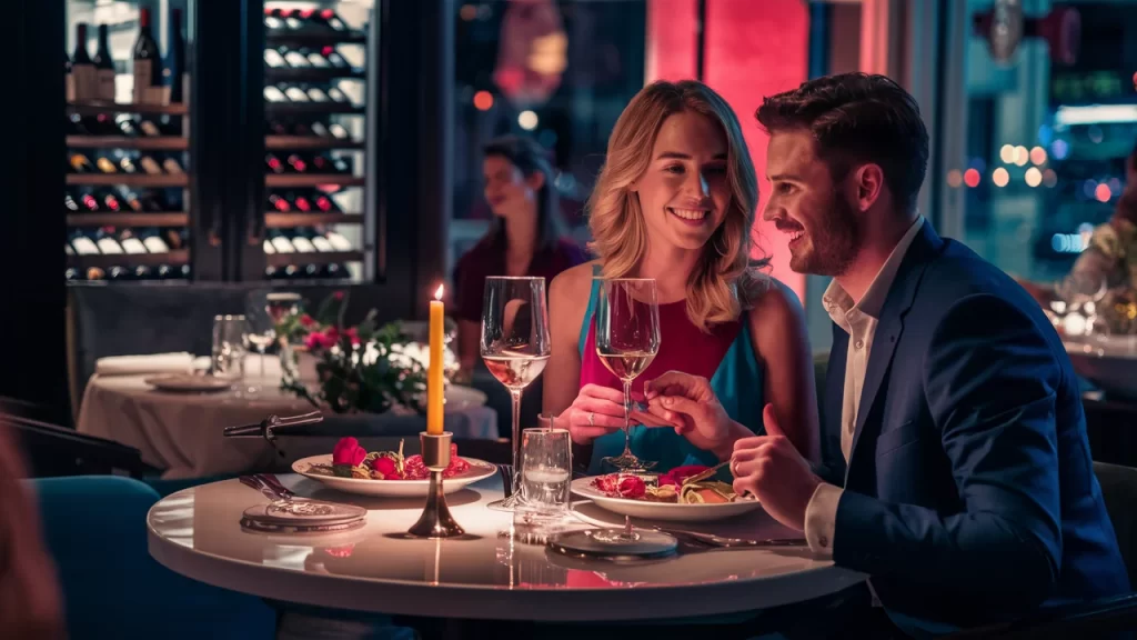 A smiling couple enjoys a romantic candlelit dinner in a cozy restaurant with a vibrant city view in the background and wine glasses in hand, epitomizing affordable luxury travel.