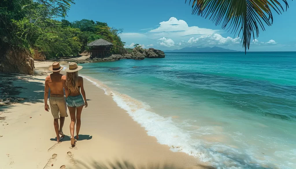 A couple holding hands, both wearing straw hats, walks along a sandy beach with clear blue water on one side and a lush green tropical forest on the other.