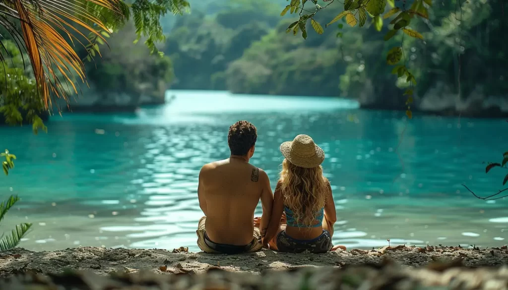 A couple sits by the edge of a clear blue lagoon, surrounded by lush greenery, enjoying a serene view. the woman wears a straw hat and the man is shirtless, suggesting a warm, tropical setting.