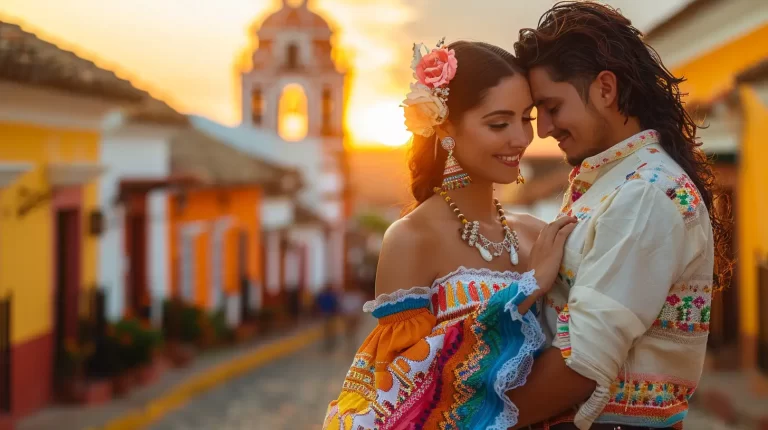 A couple dressed in traditional Mexican attire embraces lovingly on a colorful street at sunset, with historic buildings and a church tower in the background, capturing the essence of romantic getaways in Central America.