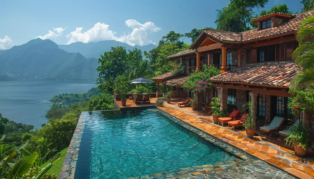 A luxurious lakeside house with a long infinity pool and terracotta tiles, surrounded by lush greenery, under a clear blue sky.