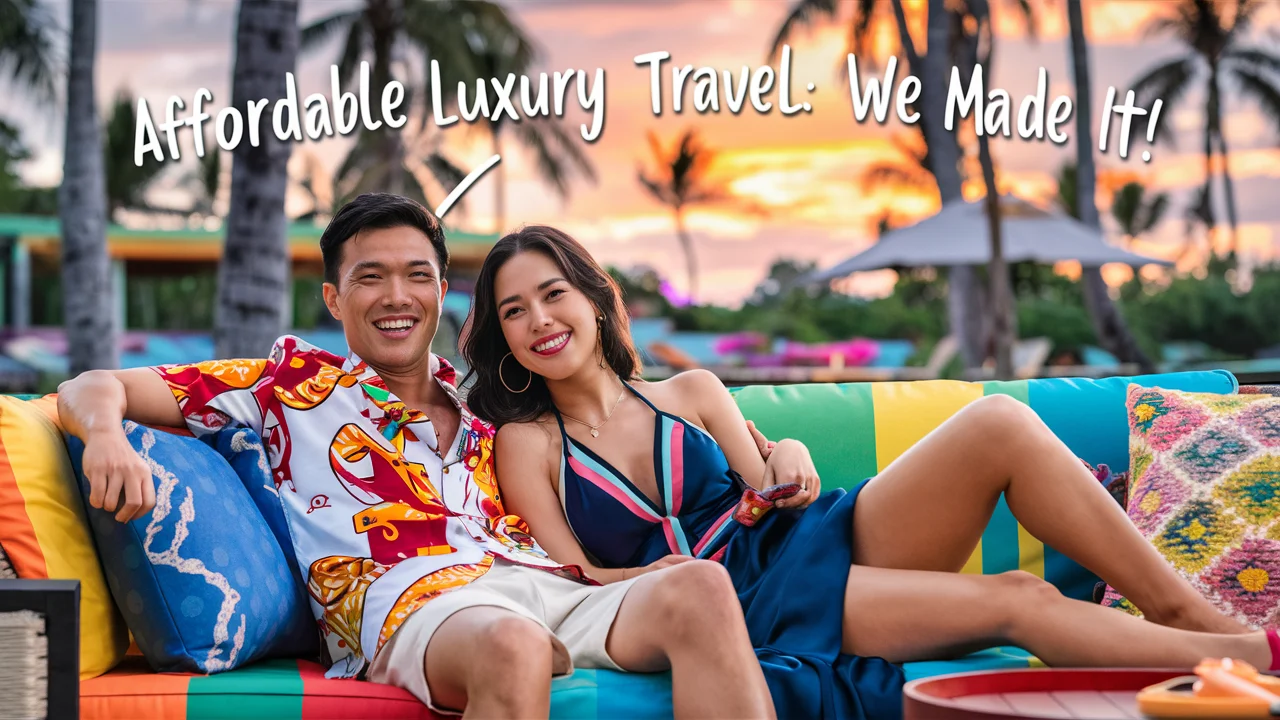 A cheerful Asian couple relaxes on a colorful sofa outdoors, wearing summer clothes, with a sunset and palm trees in the background, and text saying "Affordable Luxury Travel: We Made It!