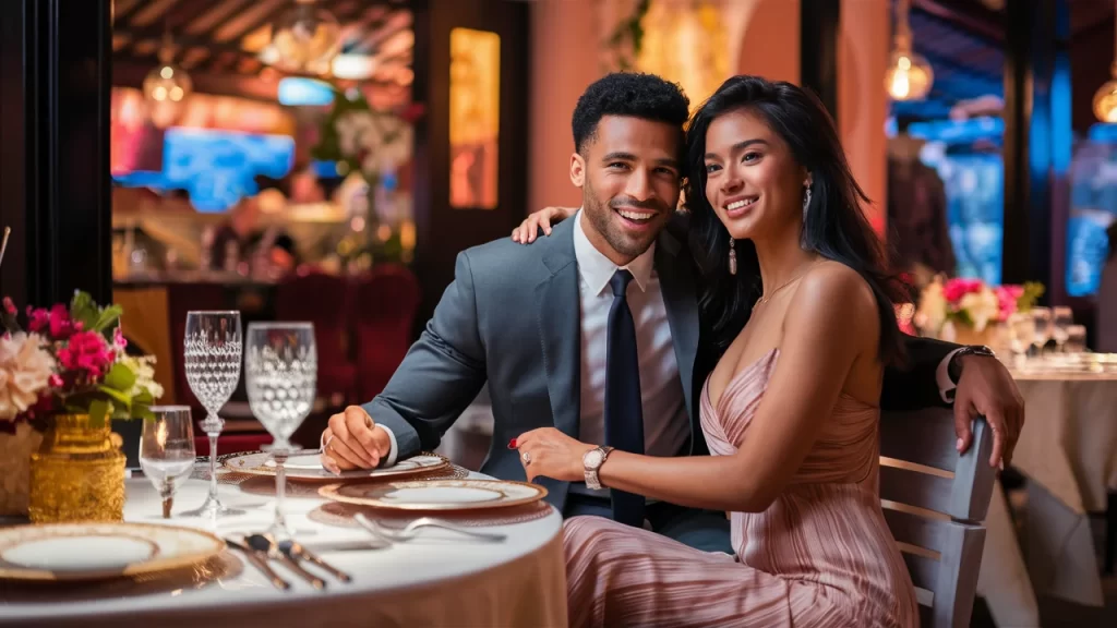 A smiling couple enjoying a romantic dinner in an affordable luxury restaurant, with the woman in a pink dress and the man in a gray suit, seated close together at a table adorned with flowers.